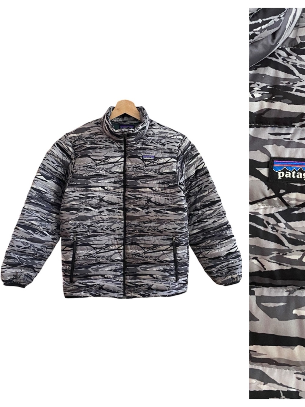 Patagonia Down Sweater Black White Camo Print Puffer Coat Jacket 12